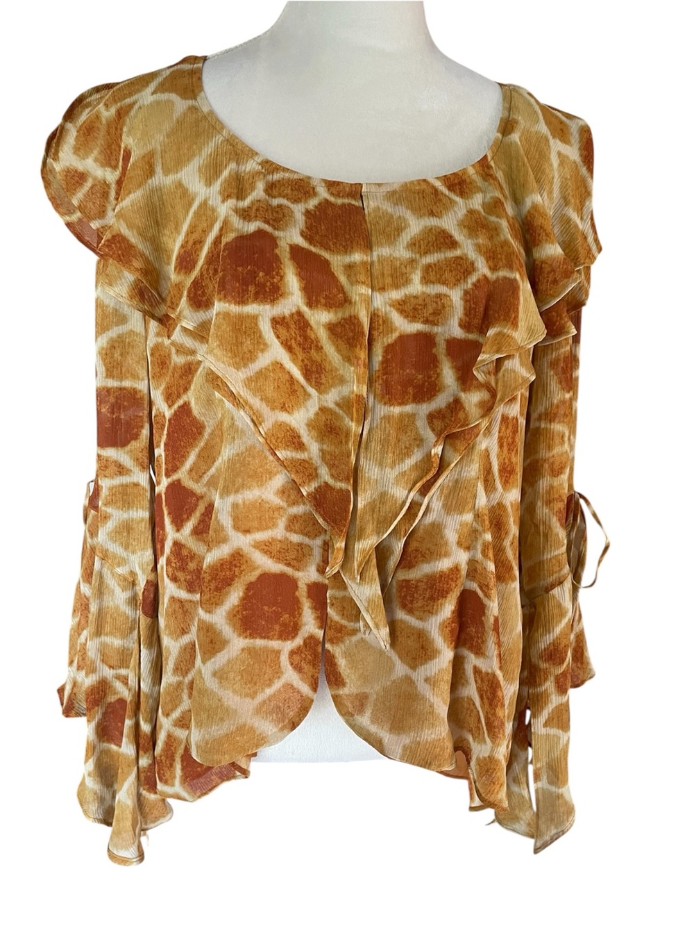 Marc Bouwer Giraffe Print Bell
Sleeves Ruffle Blouse with Tie Cuffs 100% Silk